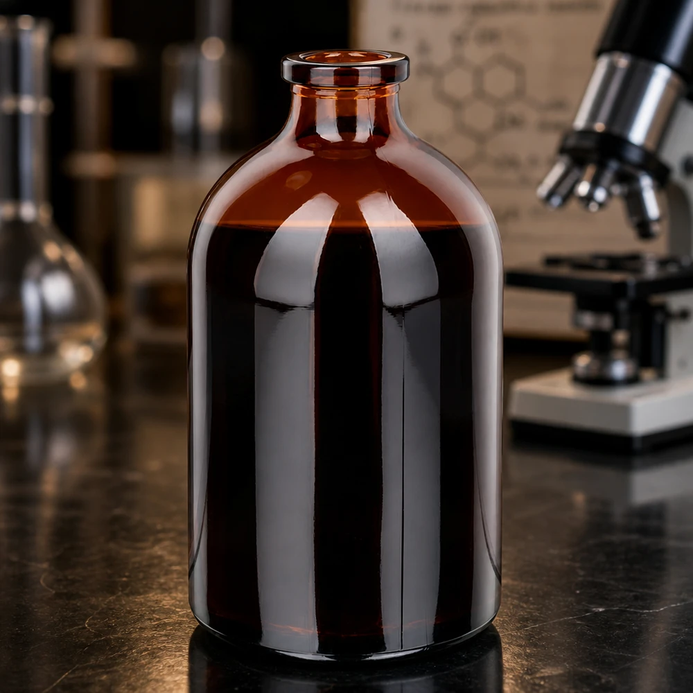 Injektiopullo meripihkalasista 100ml Hochwertige Braunglas Injektionsflasche 100ml mit glänzender Oberfläche auf schwarzer Laborplatte