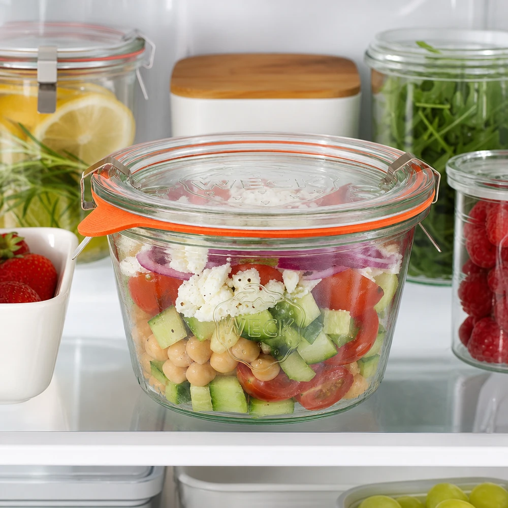 WECK 370ml RR100 tumblers täynnä tuoretta salaattia jääkaapissa näyttää ihanteellisen säilytyksen aterian esivalmistelulle.