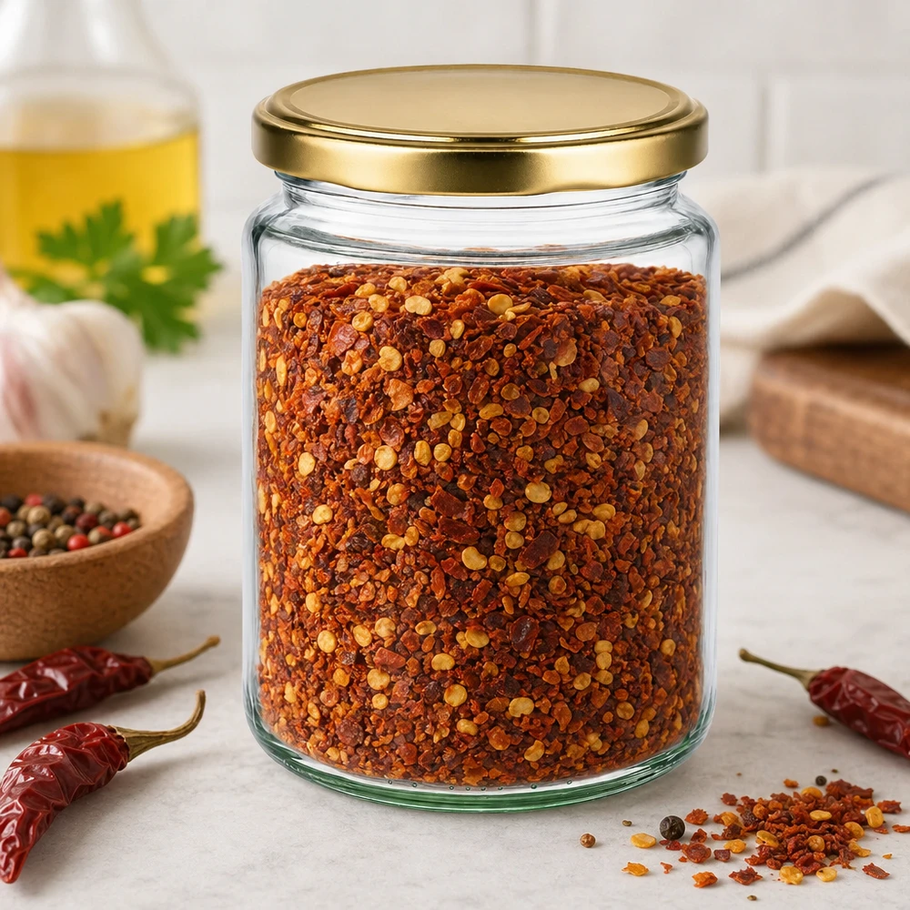 450g Honigglas mit goldenem Deckel BasicSeal UNiTWIST Chilihiutaleilla täytetty 450 g hunajapurkki osoittaa monipuolisen käytön BasicSeal-purkki mausteiden ja keittiön säilytykseen.