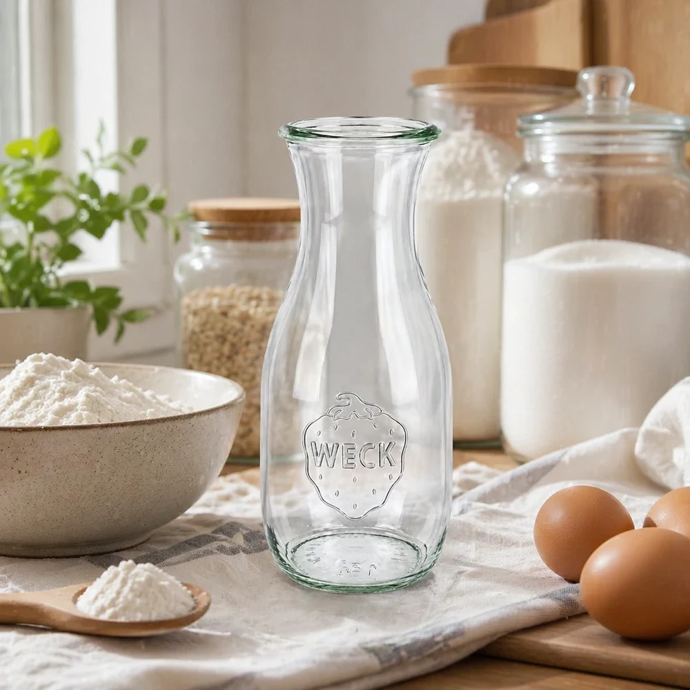530 ml:n mehupullo WECK RR60 WECK Saftflasche 530ml RR60 leer in natürlicher Küchenszene mit Eiern Mehl und Vorratsgläsern für Backen kochen