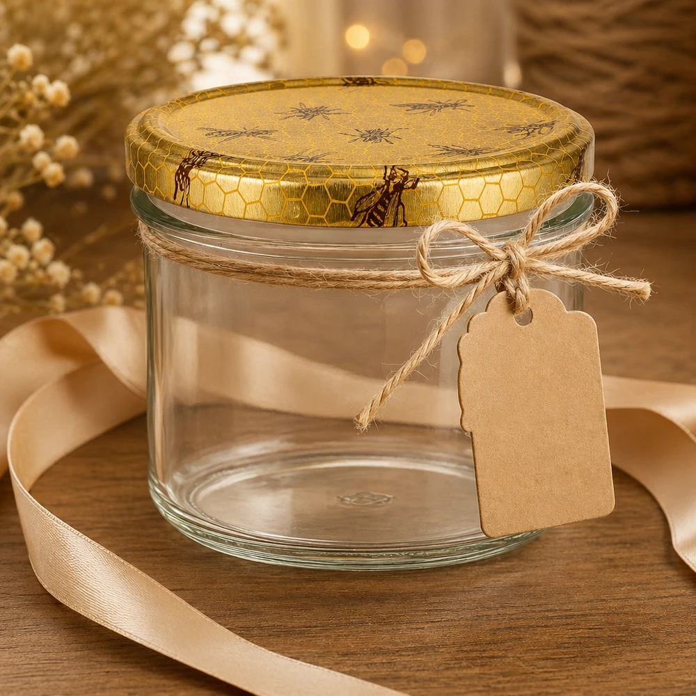 250g Honigglas mit Bienenwabe Deckel BasicSeal UNiTWIST 250g hunajapurkki tyhjä hunajakenno kansi lahja tag juutti merkkijono ja nauha koristelu