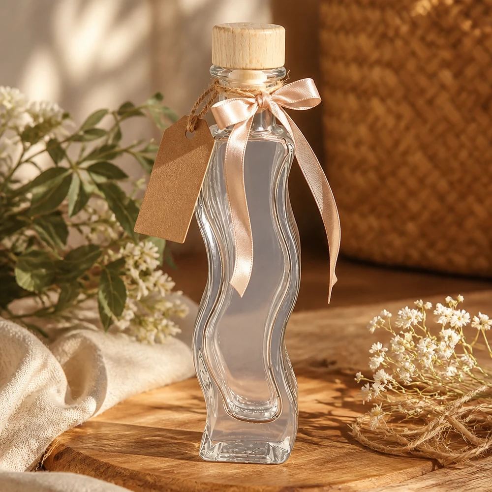 100ml Glasflasche "Melissa" mit Holzgriff-Korken UNiTWIST 100ml Melissa lasipullo lahjaksi koristeltu vaaleanpunaisella rusetilla voimapaperilappu puukorkki luonnollinen koristelu