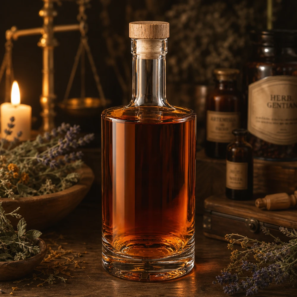 500ml Glasflasche "Passion" mit Holzgriffkorken UNiTWIST® 500ml lasipullo Nora yrttiliköörillä meripihkanvärinen puukorkki UNiTWIST apteekkari ambience laventelikynttilä