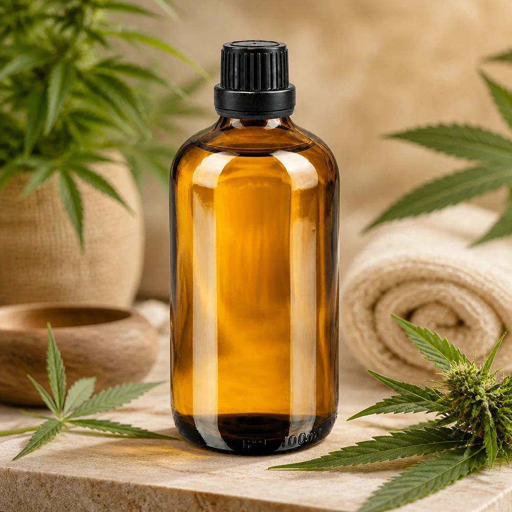 100 ml:n ruskealasiinen tiputuspullo, jossa on musta OV-korkki, kannabiksen lehtien keskellä kivipohjalla