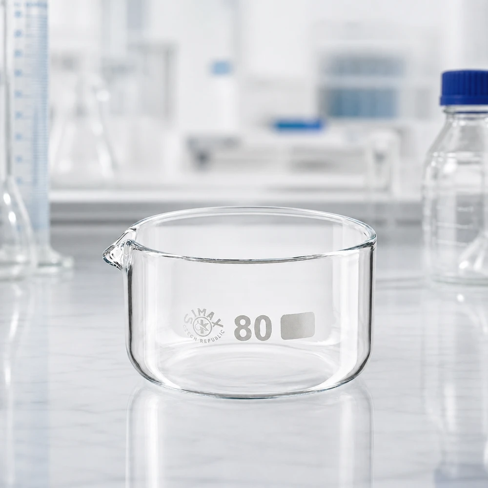 150ml kiteytysmalja, jossa on suulake borosilikaatti ø80mm Tyhjä 150 ml:n kiteytysastia, jossa on kaatonokka, ammattikäyttöön laboratorioissa, ø80 mm, SIMAX