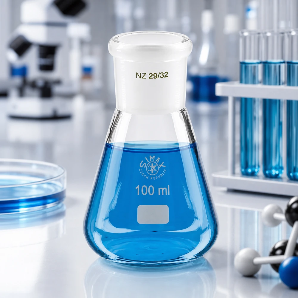Erlenmeyer-pullo 100ml, jossa on vakiohiottu liitos (29/32). Erlenmeyer-pullo 100ml, jossa on vakiohiottu liitos (29/32).