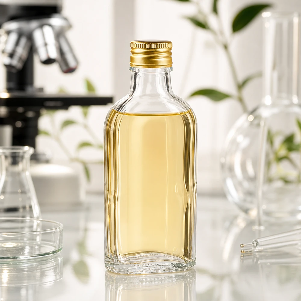 Läpinäkyvä 100 ml:n Meplat-pullo, jossa on kultainen PP22-kierrekorkki, tieteellisessä laboratoriossa