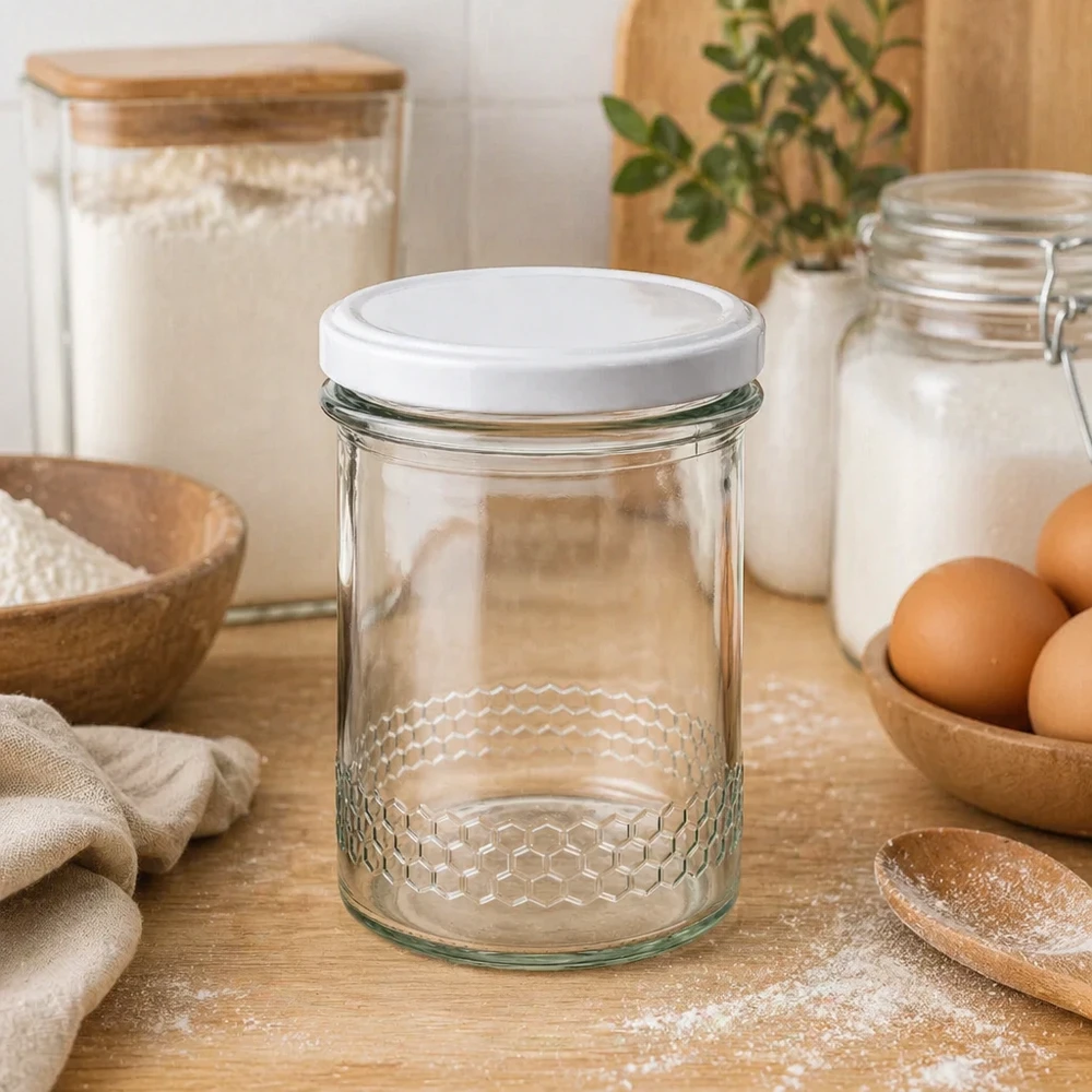 560g Honigglas + BasicSeal Deckel weiß UNiTWIST 400ml hunajapurkki hunajakennokuviolla keittiössä kananmunien vieressä jauho- ja säilytyspurkit luonnollinen keittiötarvike BasicSeal