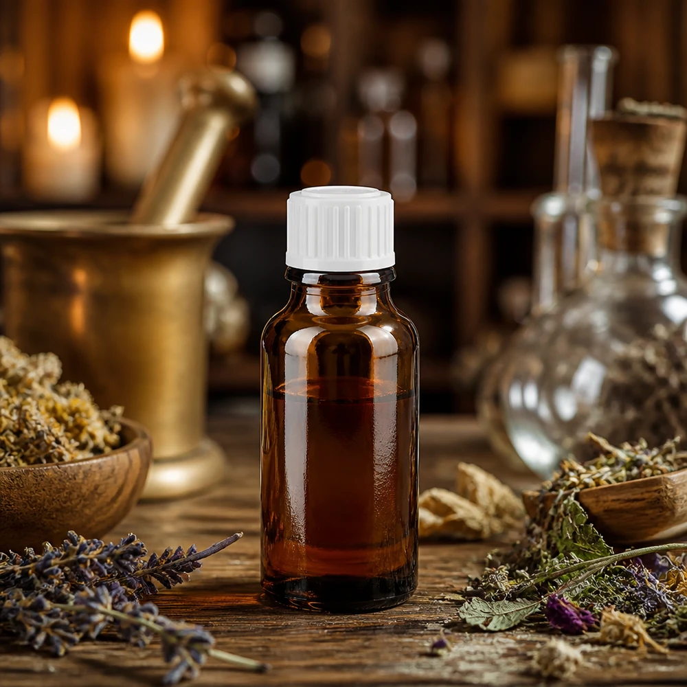 Apteekkipullo ruskea 20ml ruuvikorkki valkoinen standardi 20 ml:n apteekkipullot, ruskeaa UV-suojalasia, valkoisella vakiokorkilla, puupöydällä