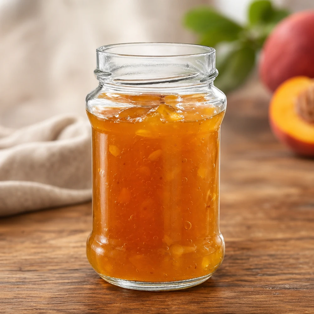 390ml pyöreä purkki ilman kantta (TO66syvä) UNiTWIST UNiTWIST Runda390 pyöreä lasi 390ml TO66deep persikkahillolla puupöydällä tuoreiden persikoiden vieressä.