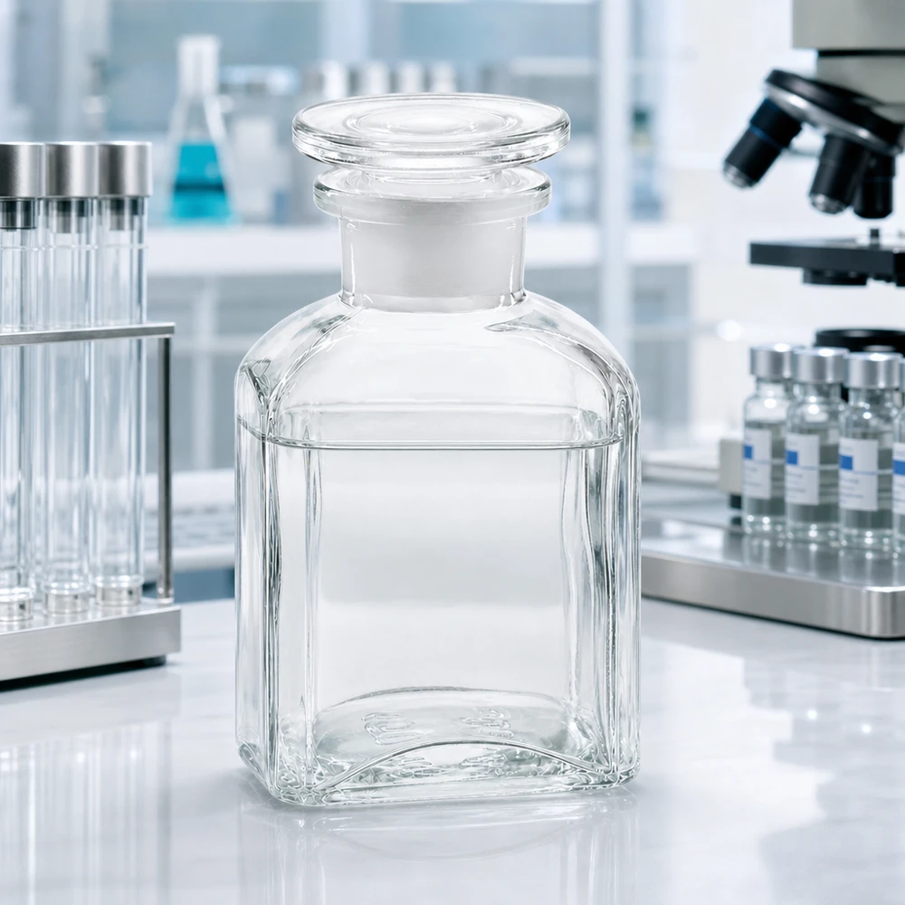 150 ml:n suorakulmainen laboratoriopullo kirkkaasta lasista, jossa on leveä suuaukko ja hiottu tulppa