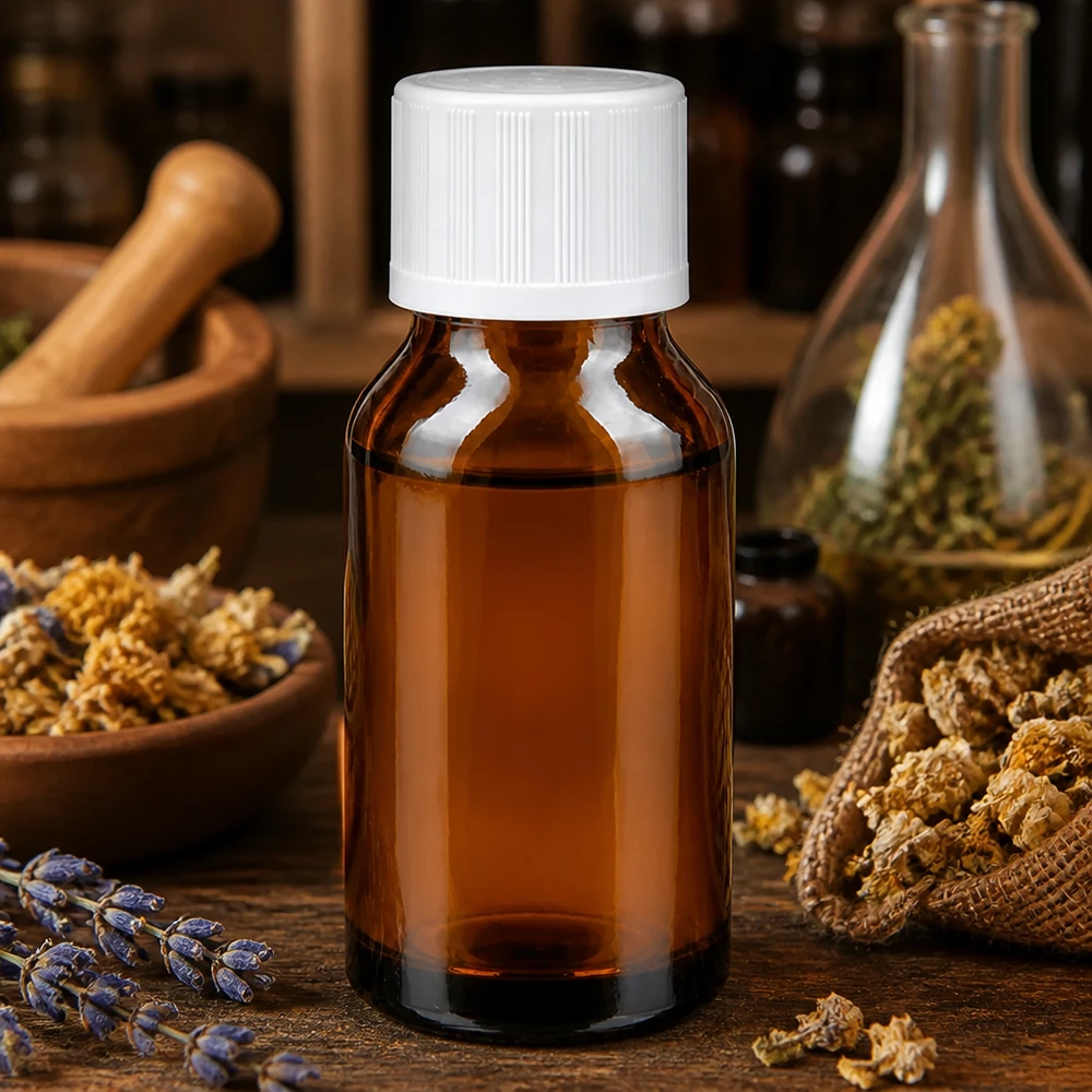 Apteekkipullo ruskea 30ml tippapullo valkoinen lapsiturvallinen korkki standardi Ruskea 30 ml:n lasipullo, jossa on valkoinen turvakorkki, kuivattujen yrttien ja laventelin välissä