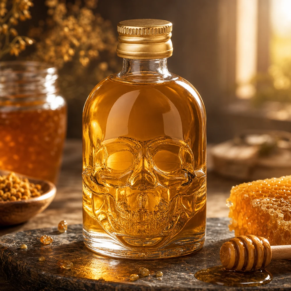 50ml Glasflasche "Hector" + Schraubverschluss gold UNiTWIST Hector 50ml lasipullo, jossa on pääkallokuviointi, täynnä hunajaa hunajakennon ja hunajalusikan vieressä lämpimässä keittiössä.