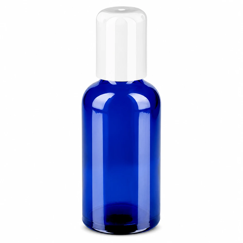 50ml roll-on-pullo sininen, valkoinen korkki kosmetiikalle ja eteerisille öljyille.