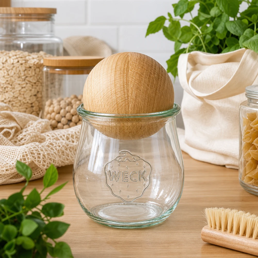 220ml tulppaanipurkki WECK RR60 puupallolla pyökki WECK Tulpenglas RR60 220ml mit Buchenholzkugel in nachhaltiger Zero-Waste Küche neben Naturfasern und Kräutern