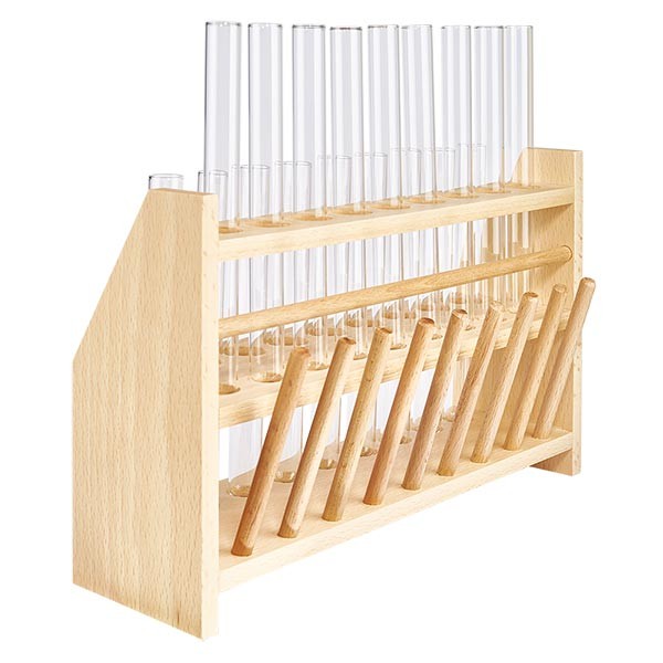 Puinen koeputkiteline, jossa 18 koeputkea ja soodakalkkia 160x16
