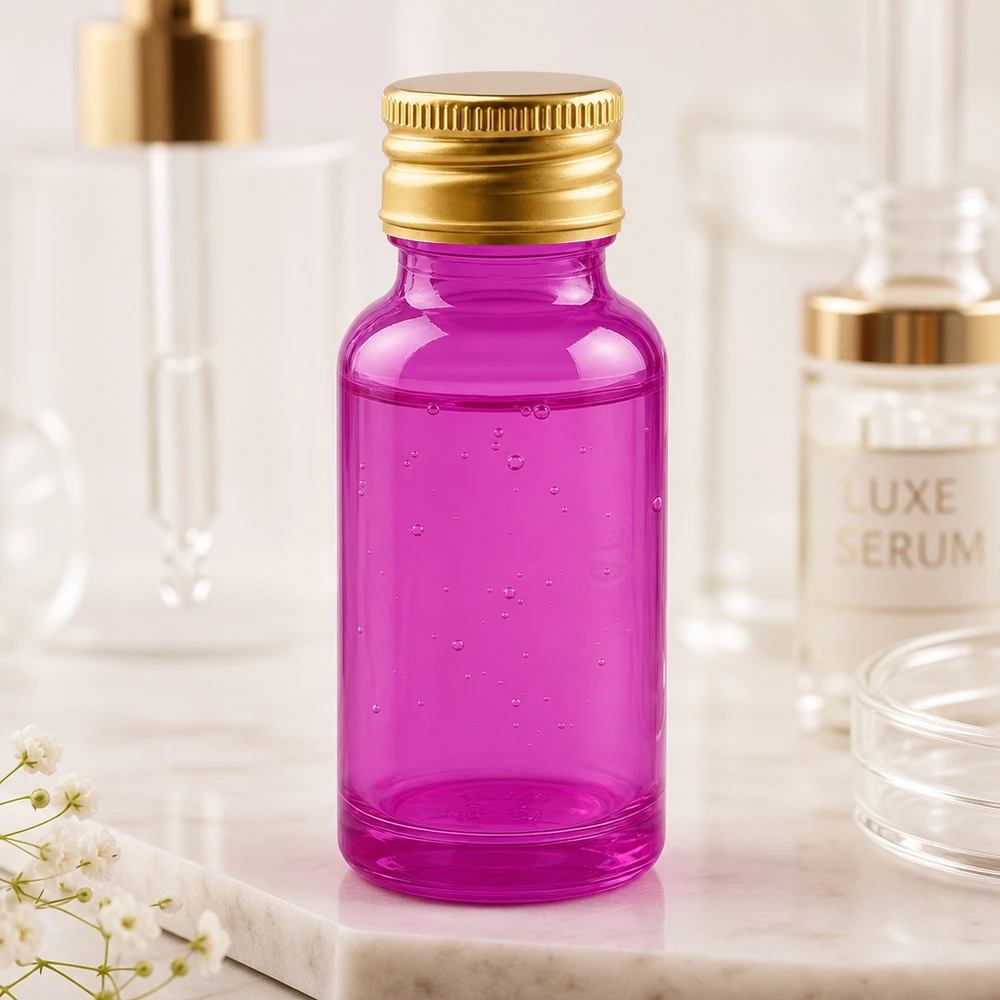 20ml pullo 11mm kierrekorkki alumiininen kultainen standardi PurpleLine. UT18/20 Premium 20ml lasipullo kirkkaan violetilla ja elegantilla kultaisella alumiinikorkilla ylellisille seerumeille.