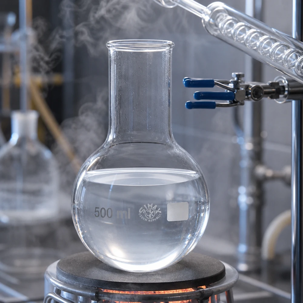 Pyöreä pohjapullo 500ml leveä kaula Pyöreä pohjapullo 500ml leveä kaula lämmityslevyllä, jossa on laboratorioasetukset kemiallista synteesiä ja reaktioita varten.
