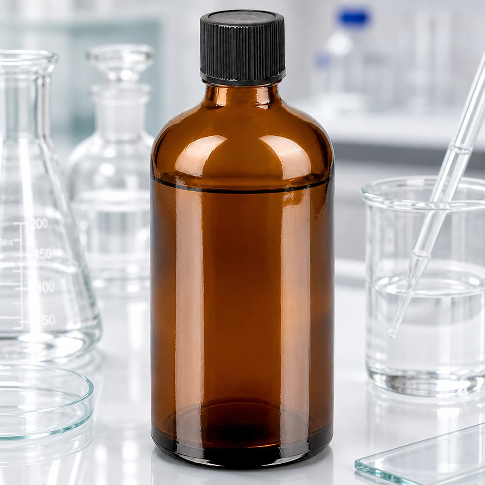 Ammattimainen 100ml laboratoriopullo ruskea, jossa on tarkka 1mm tippakorkki tutkimusta varten.