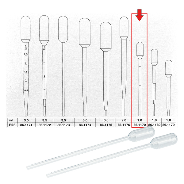1 ml:n siirtopipetti (115x10mm), jossa on asteikko. 1 ml:n siirtopipetti (115x10mm), jossa on asteikko.