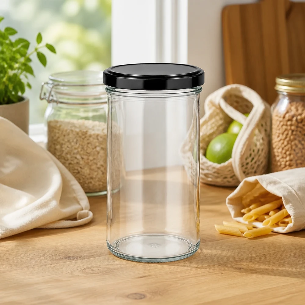 277ml juomalasit, joissa on BasicSeal-kansi musta UNiTWIST. 277ml Sturzglas mit schwarzem Deckel umgeben von nachhaltigen Vorratsbehältern und Zero-Waste-Produkten auf Küchenarbeit