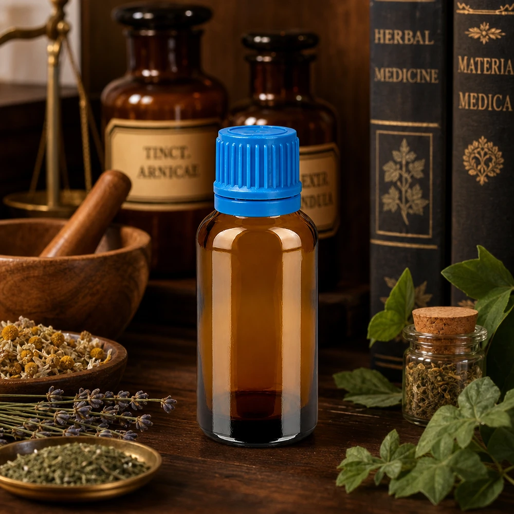 30ml meripihkanvärinen lasinen tippapullo, jossa sininen korkki, sopii täydellisesti tinktuureihin ja homeopatiaan.