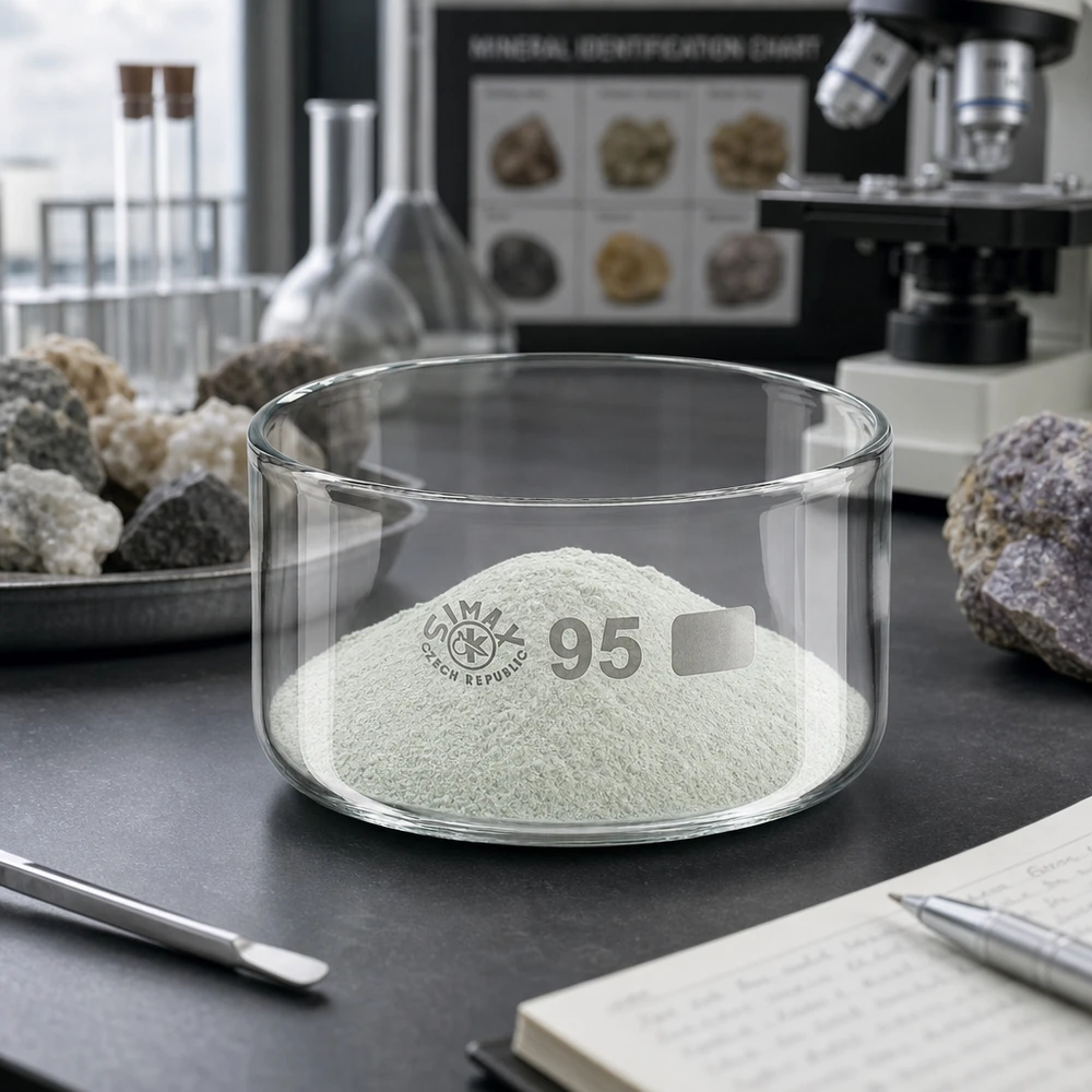 300ml kiteytysastia ilman kantta borosilikaatti ø95mm Valkoista mineraalijauhetta 300 ml:n Simax-kiteytyskulhossa, halkaisija 95 mm, geologinen laboratorio