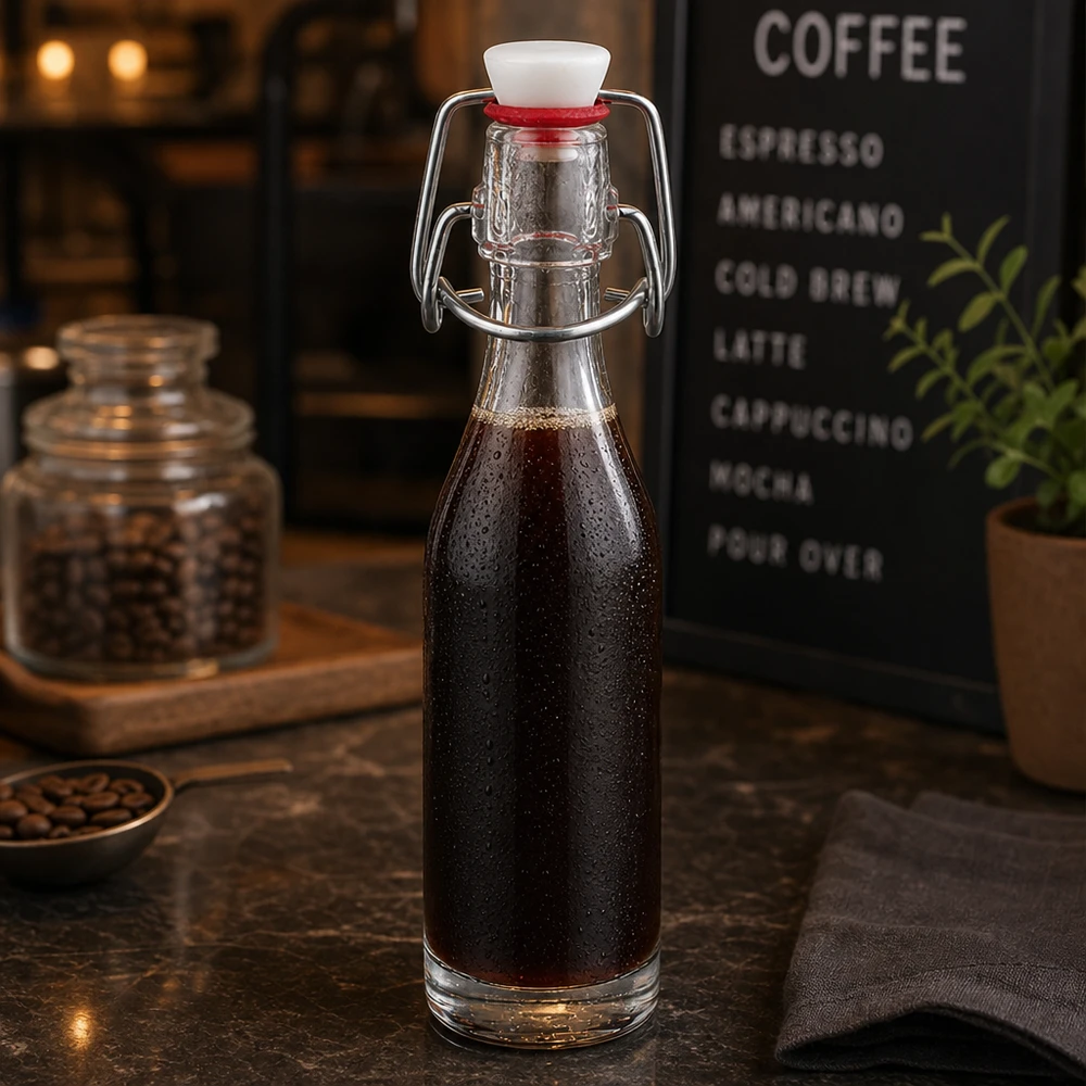 50ml lasipullo + heilurikorkki PVC UNiTWIST. 50ml Glasflasche mit Bügelverschluss gefüllt mit Cold Brew Kaffee in stilvoller Café-Atmosphäre mit Kaffeebohnen