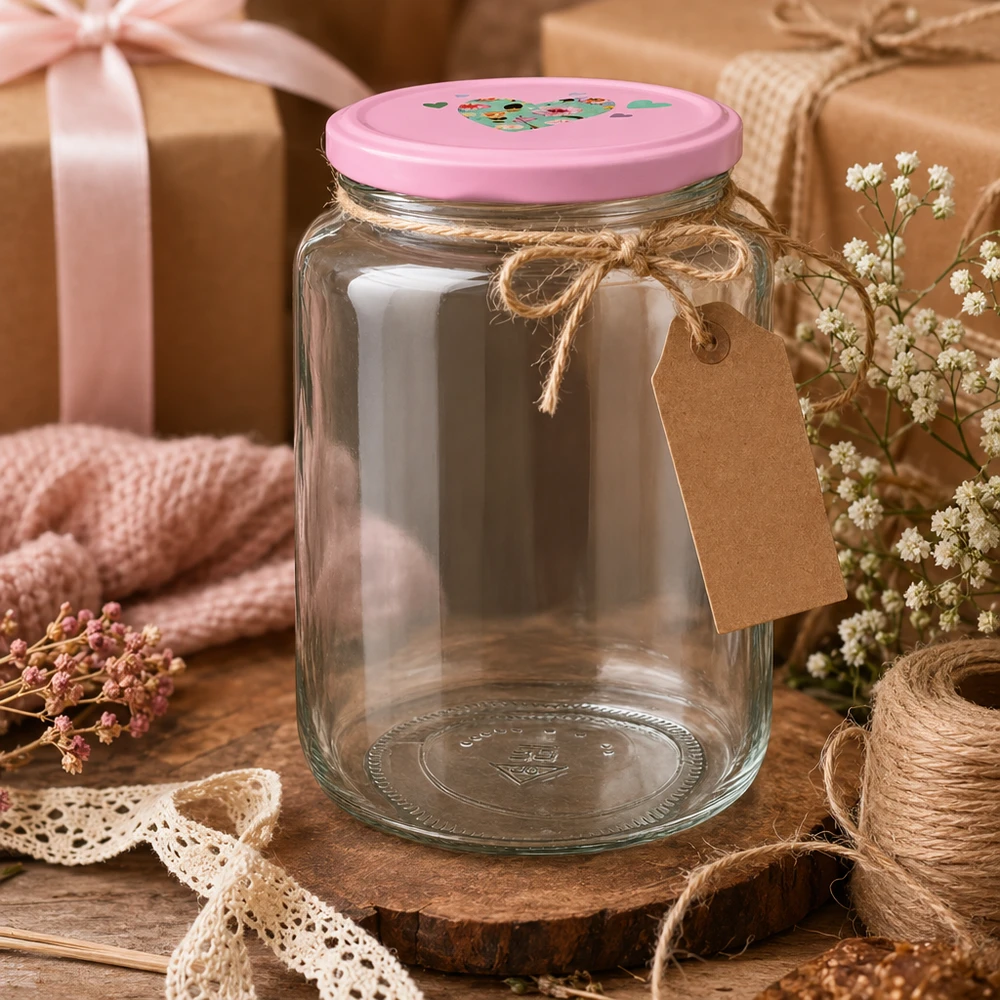 795ml pyöreä purkki + BasicSeal kansi sydän vaaleanpunainen UNiTWIST Dekoratives Rundglas 795ml mit rosa Herzdeckel als Geschenkidee rustikale Präsentation mit Anhänger und Juteschnur