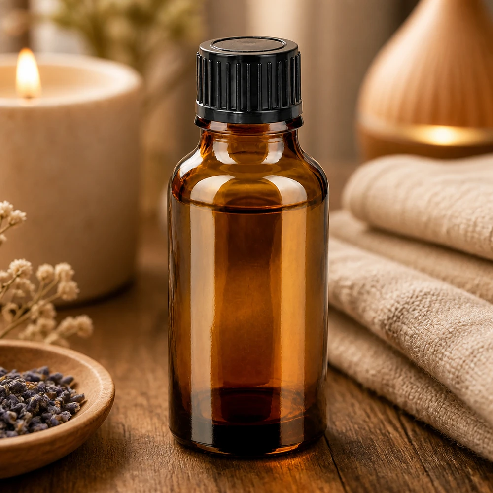 BrownLine lasipullo 20ml mustalla kierrekorkilla ihanteellinen aromaterapiaan ja ihonhoitoon.