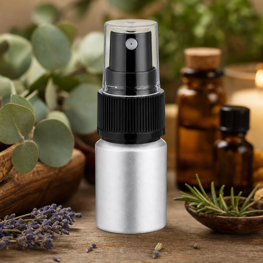 Värjätty 10ml alumiinipullo, jossa on suihkupää eteerisille öljyille ja aromaterapialle hopea