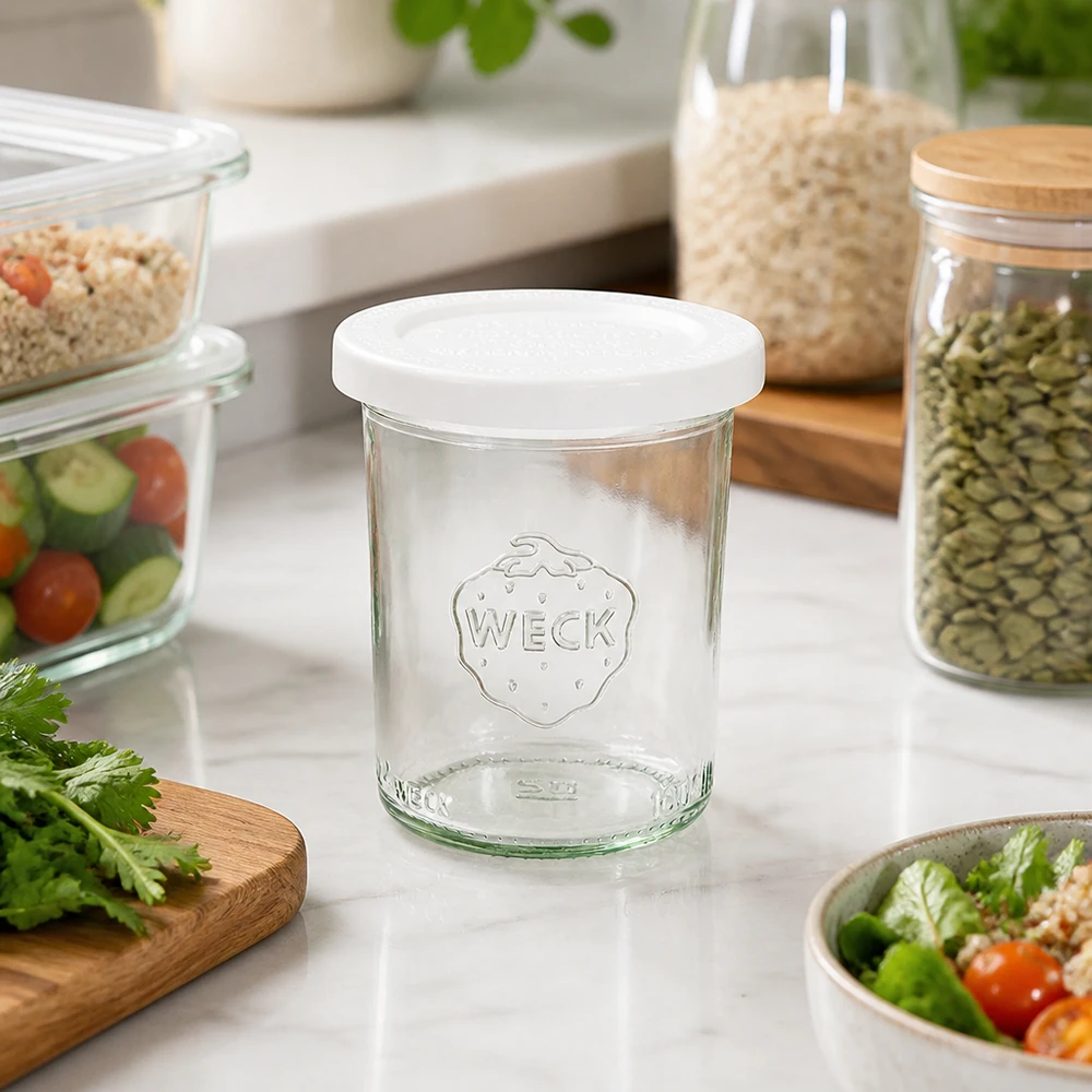 160 ml:n lasipurkki, jossa on tuoreuskansi, WECK RR60 WECK 160ml RR60 tumblers modernissa keittiössä säilytyspurkeilla, salaatilla ja tuoreilla yrteillä - monipuolinen säilytysjärjestelmä