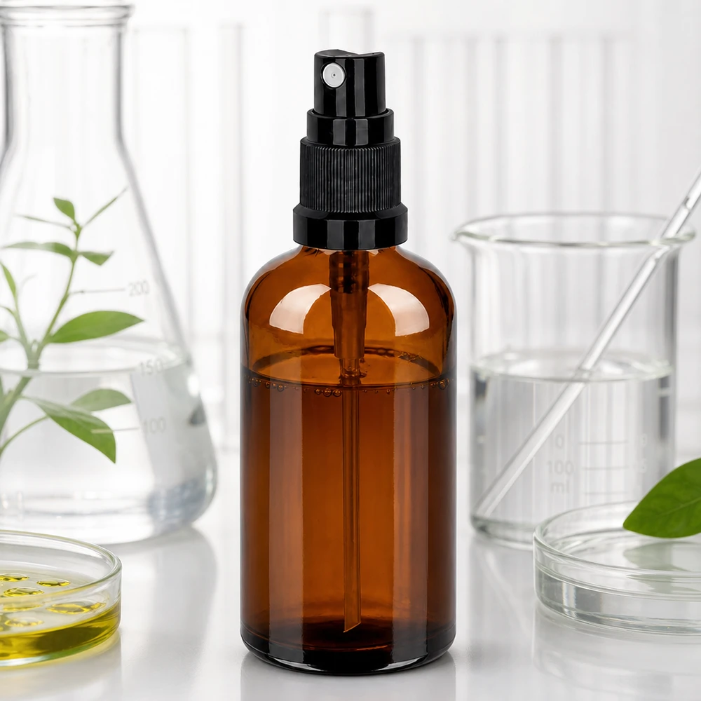 100ml suihkepullo musta vakiokorkki BrownLine UT18/100 Laadukas 100ml BrownLine-suihkupullo mustalla STD-sumuttimella laboratoriosovelluksiin.