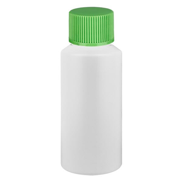 Apteekkipullo HDPE 30ml valkoinen, vihreällä kierrekorkilla varustettuna Apteekkipullo HDPE 30ml valkoinen, vihreällä kierrekorkilla varustettuna