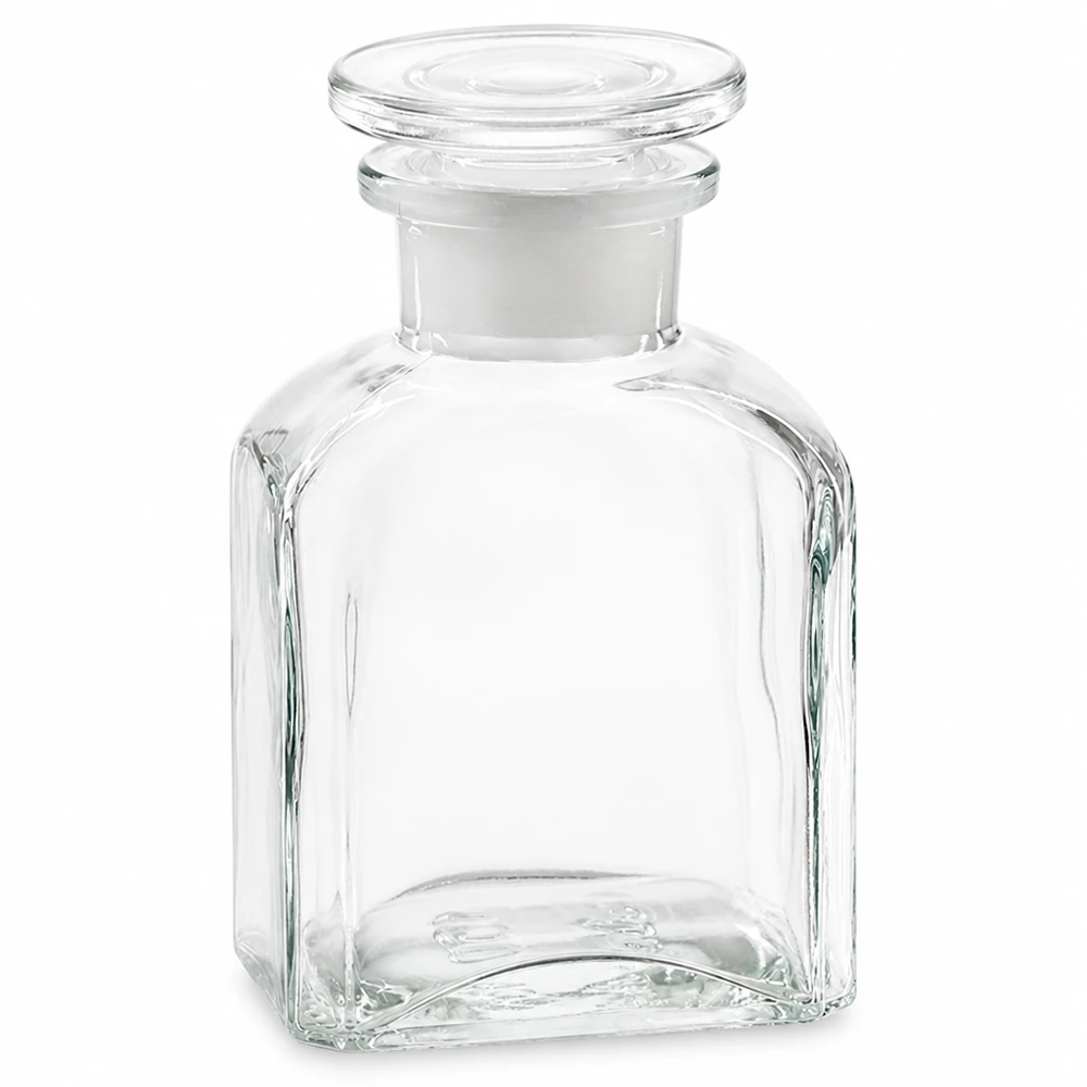 Nelikulmainen pullo 150ml kirkas leveäkaulainen lasitulppa 150 ml:n kirkas neliömäinen pullo, jossa on lasikorkki, valmistettu korkealaatuisesta lasista laboratorio- ja kotikäyttöön