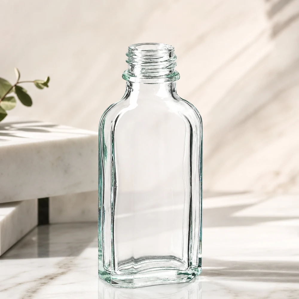 50 ml meplat-pullo kirkas DIN22 Läpinäkyvä Meplat-pullo, 50 ml, DIN22-kierteellä, eteerisille öljyille ja kosmetiikalle