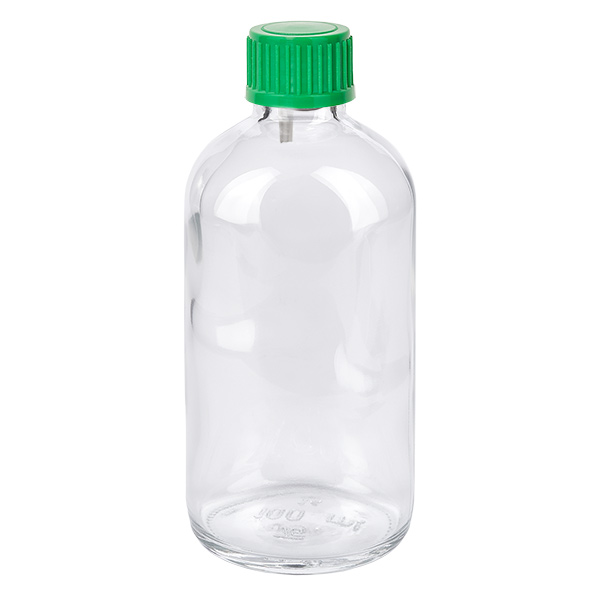 100ml tippapullo 0.8mm vihreä vakiokorkki ClearLine UT18/100 100 ml:n tiputuspullo kirkkaasta lasista, vihreällä kierrekorkilla, ClearLine UT18