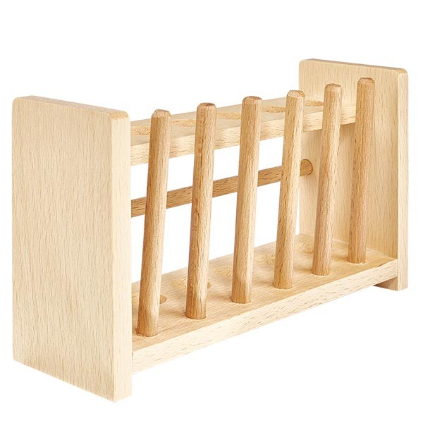 Puiset koeputkitelineet, enintään n. 18 mm Ø:n koeputkille 6 koeputkea varten, joissa on 6 tankoa Puiset koeputkitelineet, enintään n. 18 mm Ø:n koeputkille 6 koeputkea varten, joissa on 6 tankoa
