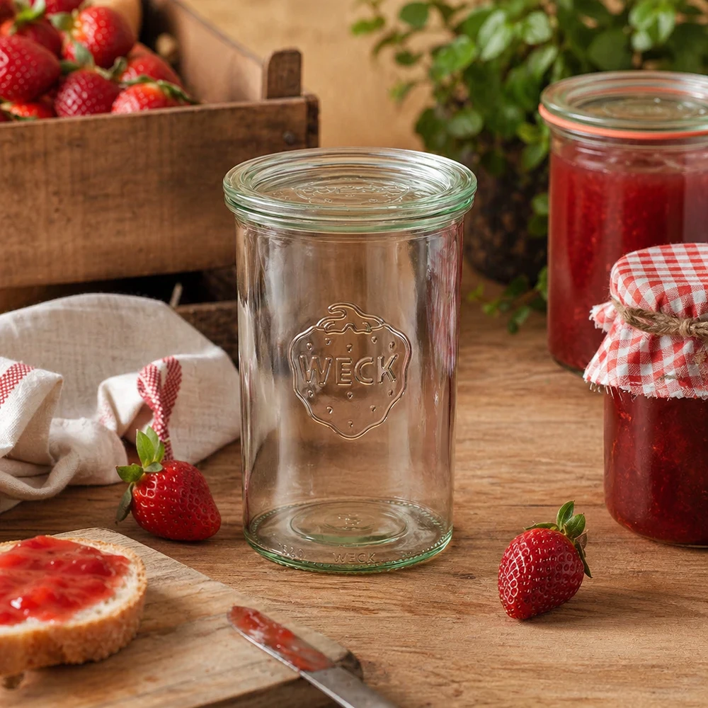 1000ml lasikannelliset juomapullot WECK RR100 WECK RR100 1000ml juomalasit, jotka on järjestetty koristeellisesti maalaismaisessa keittiössä mansikoiden ja kotitekoisen hillon kanssa.