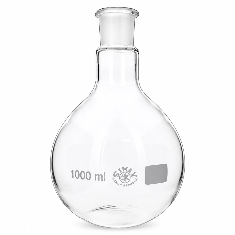 Lonkkapullo 1000ml, jossa on vakiohiottu liitos (29/32). Pyöreäpohjainen 1000ml pullo korkealaatuisesta borosilikaattilasista, jossa on 29/32 hiottu liitos laboratoriotekniikkaa varten.