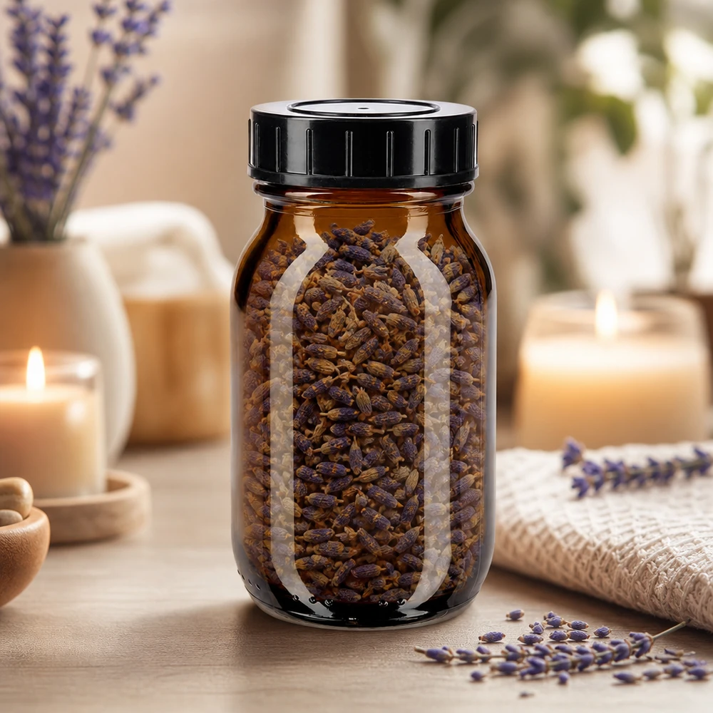 Leveäkaulainen 100ml pullo meripihkanvärisestä lasista, jossa musta korkki aromitonta säilytystä varten.
