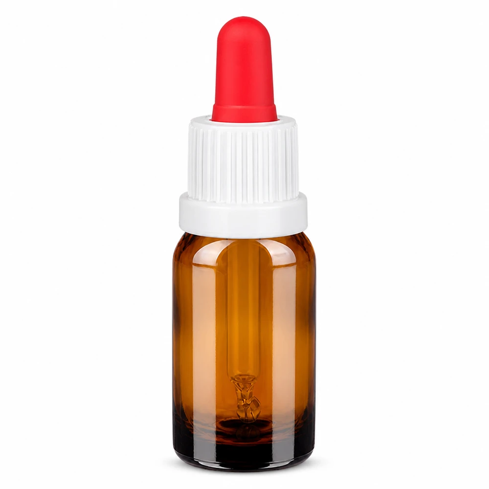 10ml pipettipullo valkoinen/punainen peukaloinninesto BrownLine UT18/10 10 ml:n pipettipullo meripihkalasista, jossa on valkoinen korkki ja punainen tiputin tarkkaa annostelua varten.