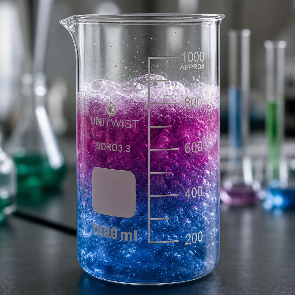 UNITWIST-lasimalja, 1000 ml, korkea malli, borosilikaattilasia, sinivioletti väriliukuma, laboratorioreaktio