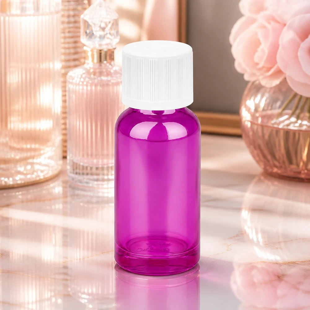 20ml pullo 11mm ruuvikorkki valkoinen vakio lapsiturvallinen PurpleLine UT18/20 Kompakti 20 ml:n lasipullo trendikkäässä violetissa värissä ja valkoisella korkilla DIY-kosmetiikkaan ja hajuvesiin.