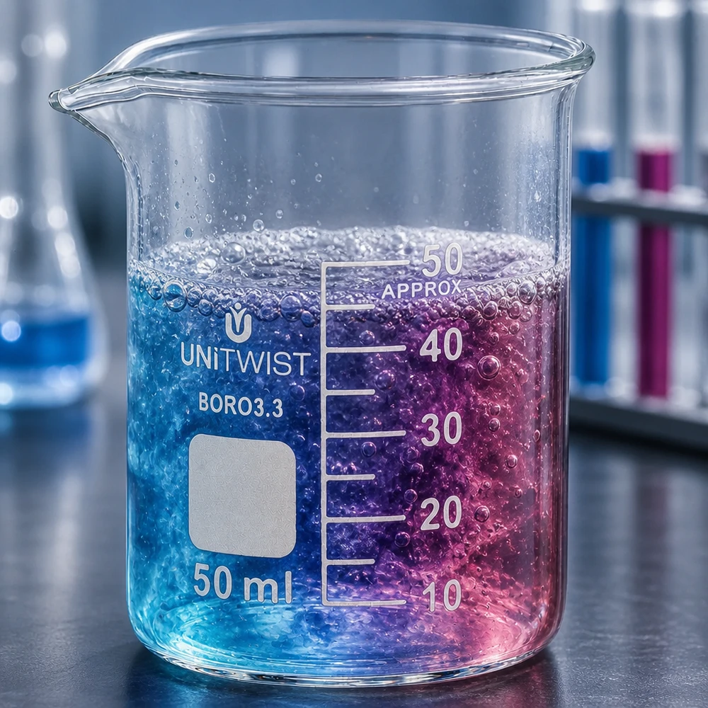 50 ml:n dekantterilasi, borosilikaatti, matala muotti UNiTWIST UNiTWIST-lasimuki, 50 ml, borosilikaattilasia, matala malli, jossa kupliva sininen-vaaleanpunainen reaktioliuos