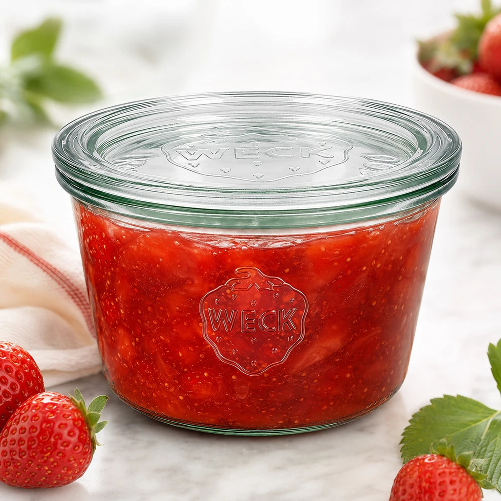 WECK lasit 370ml RR100 täynnä punaista mansikkahilloa, jota ympäröivät tuoreet mansikat valkoisella pinnalla.