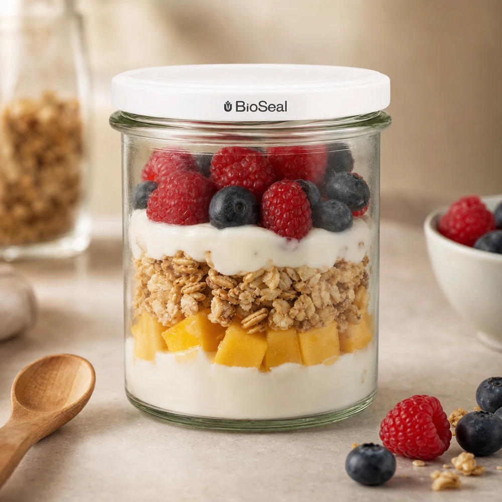 350 ml:n juomalasit valkoisella UNiTWIST BioSeal -kannella. UNiTWIST Sturz350 als stylisches Dessertglas mit Beeren Granola und Joghurt zeigt moderne Küchenästhetik TO82 BioSeal