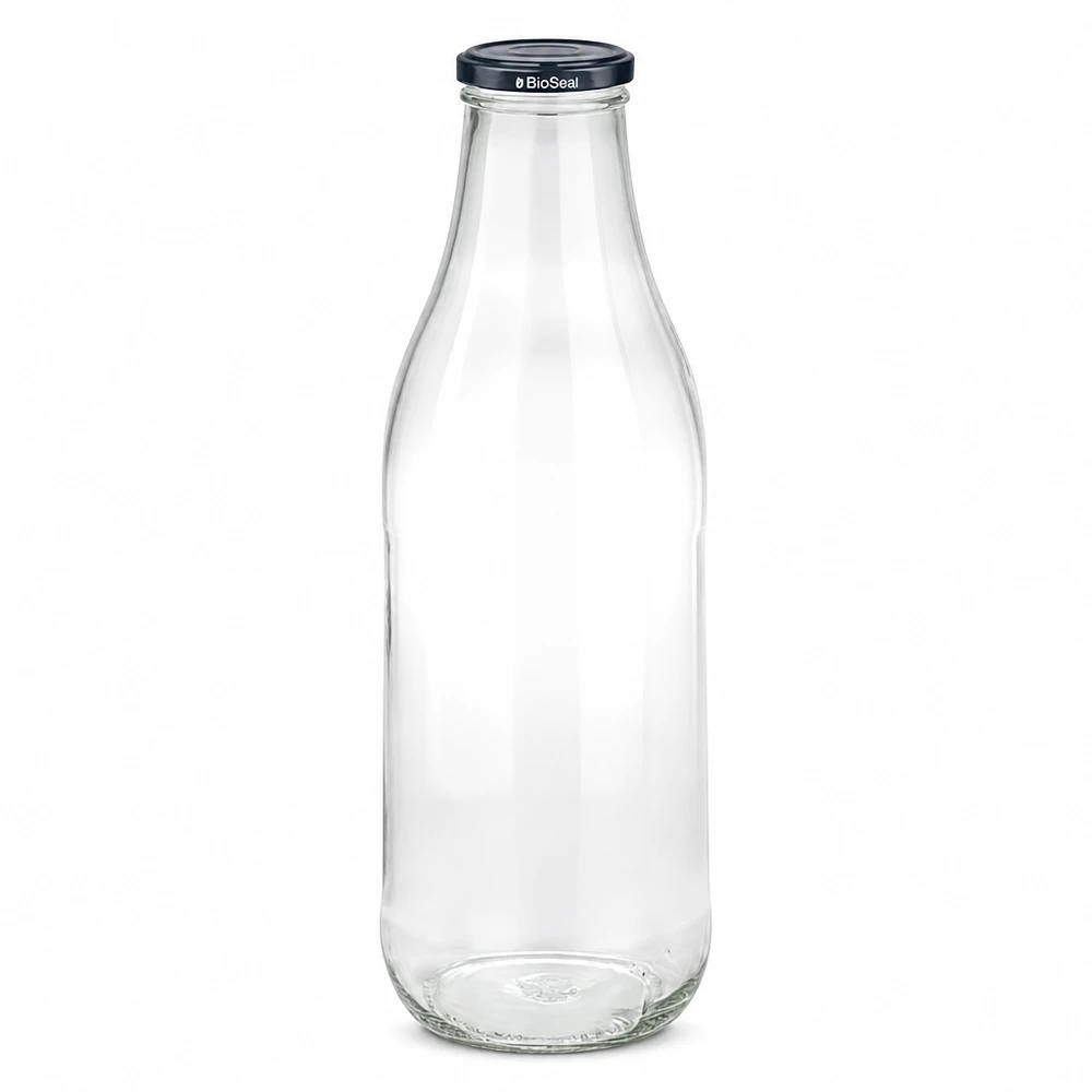 1000ml lasipullo mustalla BioSeal-kannella tyhjä läpinäkyvä maitopullo mehupullo kestävästi
