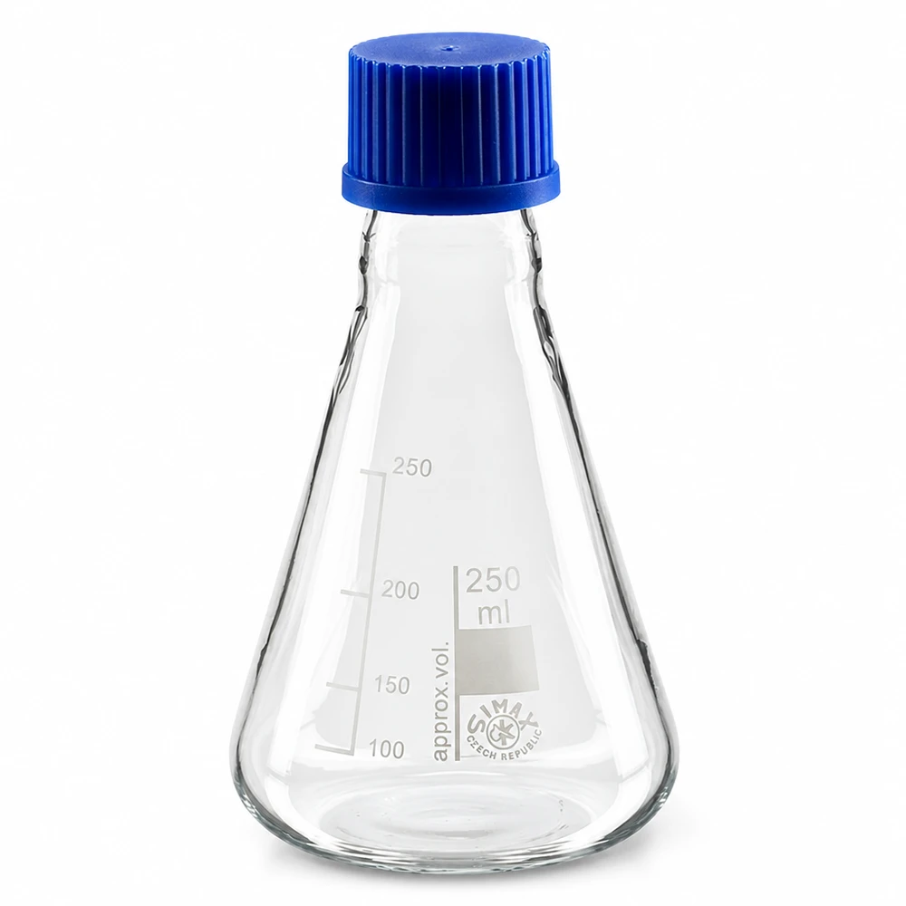 Erlenmeyer-pullo 250ml, jossa on kierrekorkki. Erlenmeyer-pullo 250ml lasia, jossa sininen kierrekorkki laboratoriosovelluksiin.