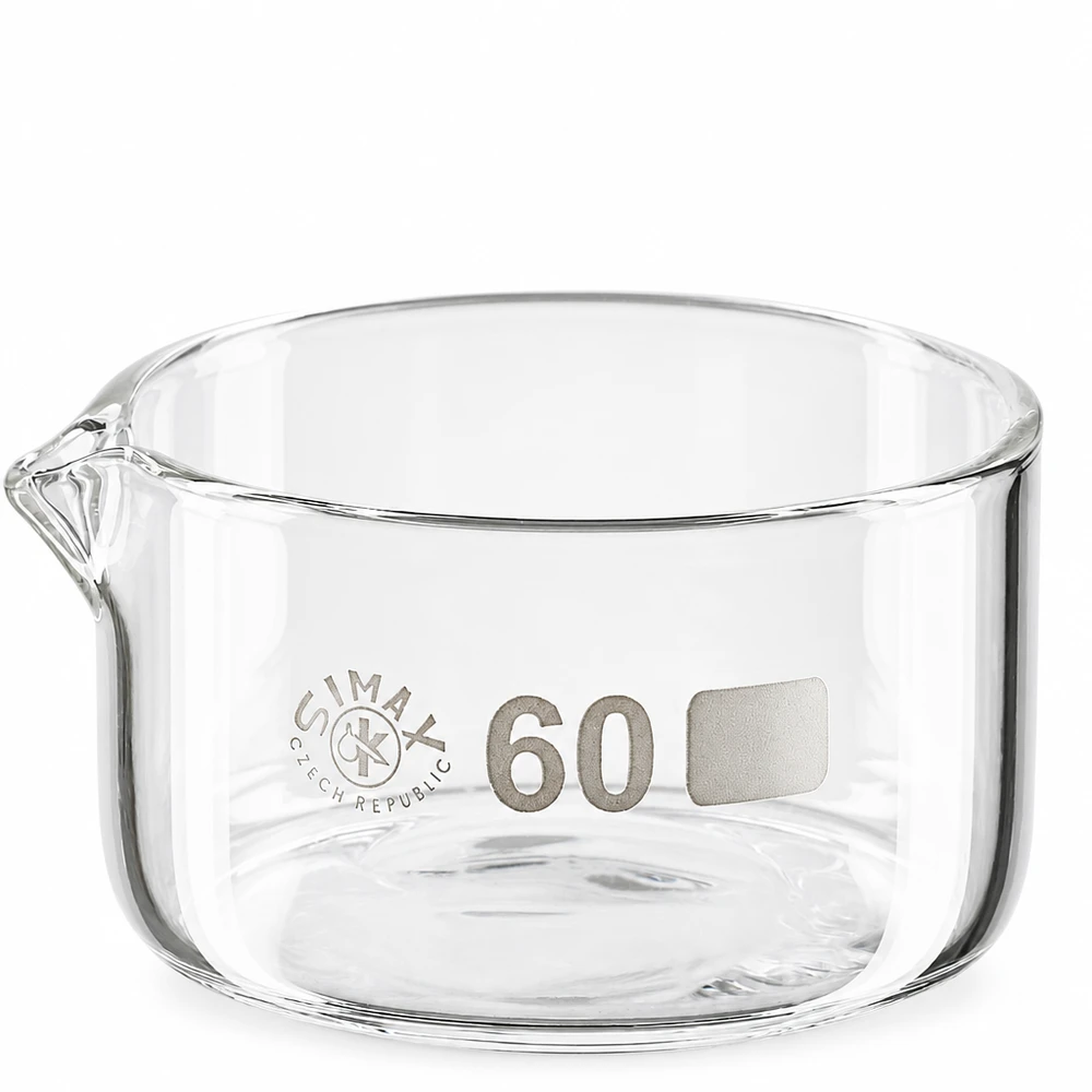 60ml kiteytysastia, jossa on borosilikaattikannu ø60mm Kiteytysastia 60 ml, borosilikaattilasia, kaatonokka, läpinäkyvä, sylinterimäinen, Simax, Tšekki